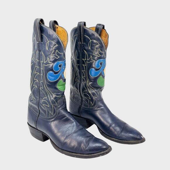 Tony Lama Mens Western Boots Black Blue Leather Roper Cowboy Rancher Rodeo US 9 - Picture 1 of 11
